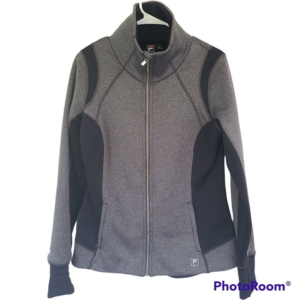 FILA Sport Womens Track Jacket Gray Heathered Zip Stretch Pockets Thumbholes L
